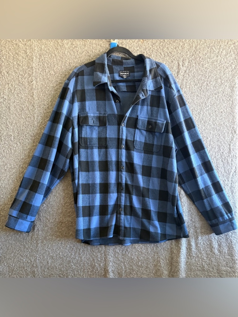 For The Republic Men's Blue and Black Plaid Shirt Label Close-Up